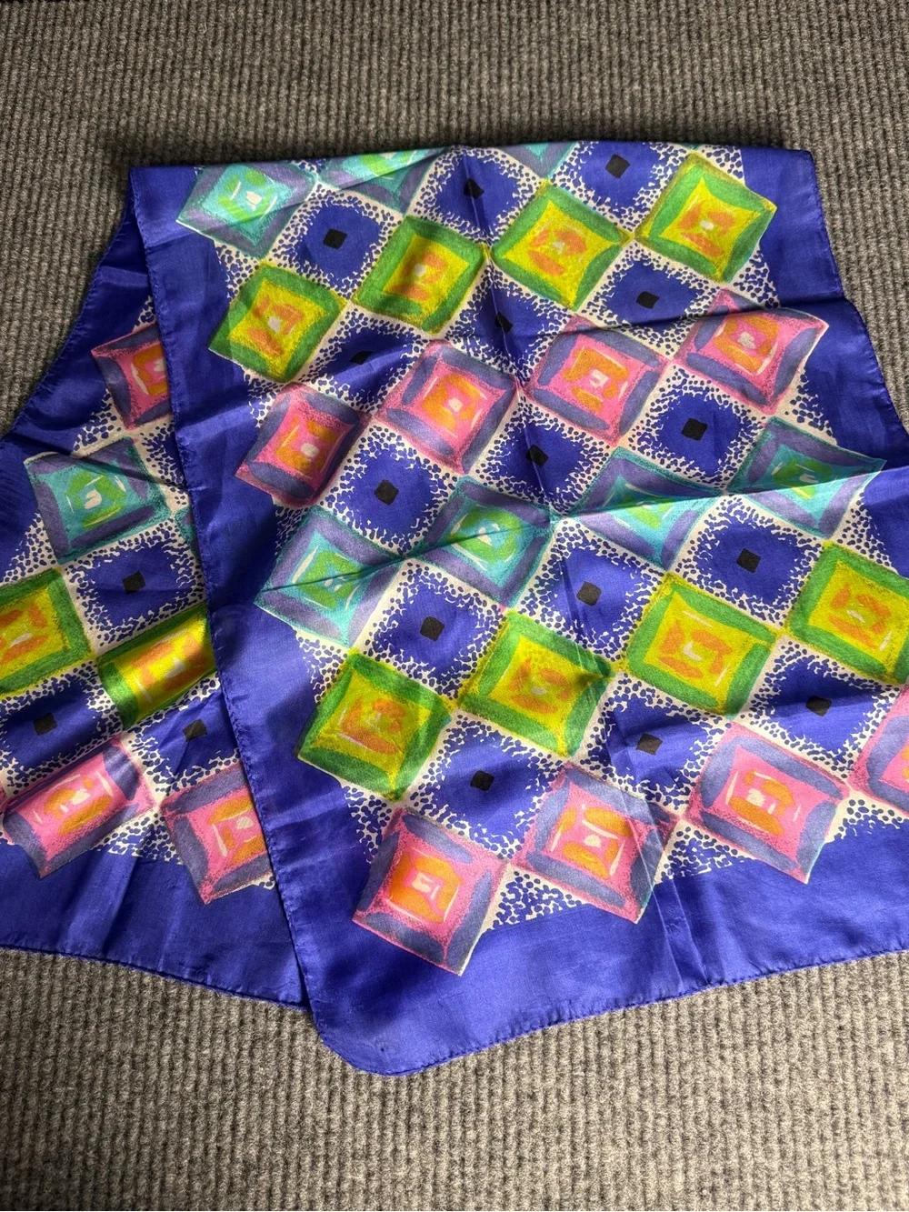 VTG Pure Silk Vibrant Geometric Scarf Blue with Multi-Color Squares 16.5” x 42”